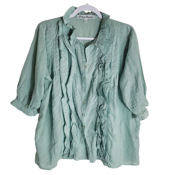 JP and Mattie Button Up Peasant Blouse Women's Small S Green Ruffle Boho Cotton - Picture 1 of 12